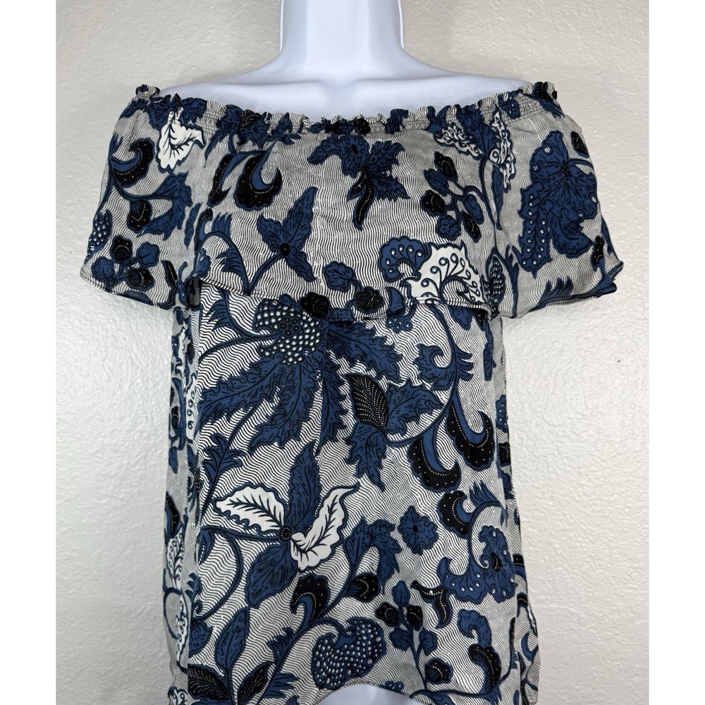 MICHAEL Michael Kors Womens Blue 100% Silk Floral Off Shoulder Blouse Size XS